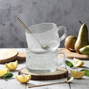 2 Vintage glass coffee, mugs for overnight oats. With bamboo lids and spoons.